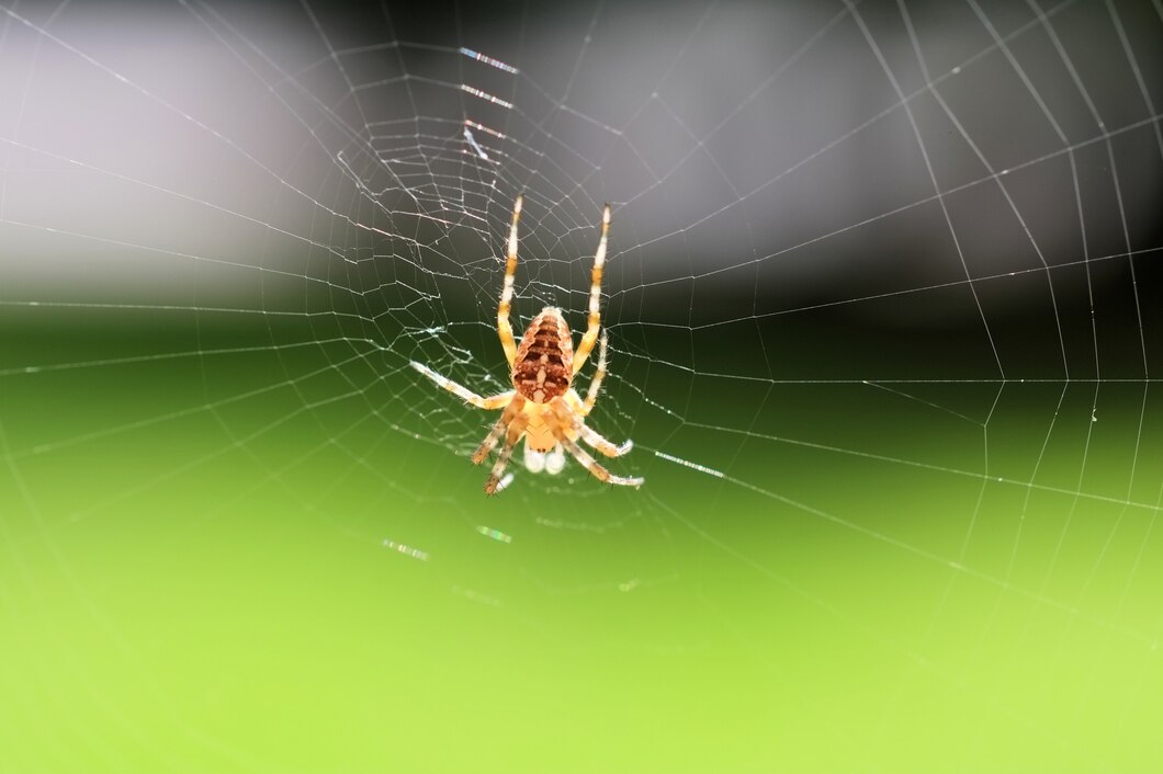 closeup-selective-focus-shot-spider-web-green-background_181624-32852