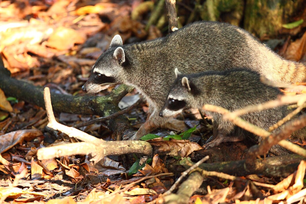 closeup-shot-two-raccoons-foraging-food-forest-floor_181624-11365